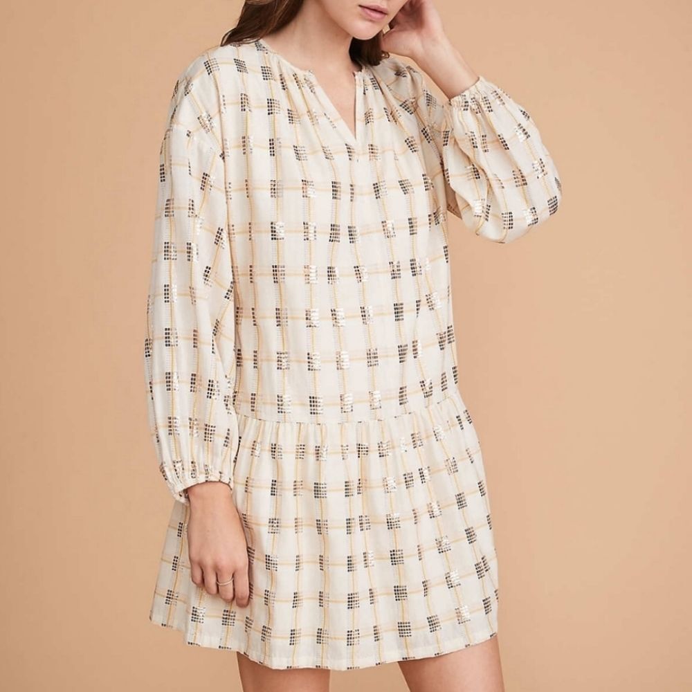 Lou & Grey Cream Metallic Plaid Drop Waist Long Sleeve Dress Small